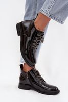 Skórzane Lakierowane Botki Damskie Z Ozdobnym Sznurowaniem D&A