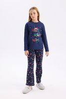 DEFACTO Girls Christmas Themed Pajama Set Long Sleeve Top Elastic Waist Long Bottom