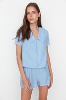 Trendyol Blue 100% Cotton Collar Detailed Shirt-Shorts Woven Pajama Set