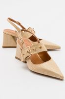 LuviShoes NEPIDO Beige Straw Women's Pointed Toe Open Back Thick Heeled Shoes