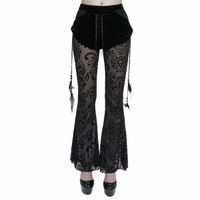 DEVIL FASHION - Damen Spitzenhose - Gothic Drawstring Mesh Splice Flared L