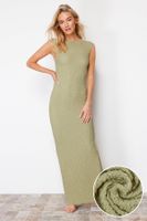 Trendyol Khaki Textured Fabric Fitted Moon Sleeve Stretchy Knitted Midi Pencil Dress