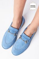 Mio Gusto Claire Genuine Suede Blue Color Oval Toe Buckle Accessory Women's Loafer Shoes