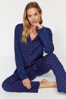 Trendyol Navy Blue 100% Cotton Check Shirt-Pants and Knitted Pajamas Set