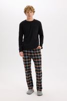 DEFACTO Pajama Set Regular Fit Crew Neck Basic Plain Long Sleeve Top Plaid Long Bottom