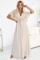 545-3 Long dress with pleated neckline and tie - beige