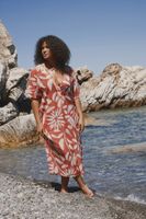 Trendyol Curve Multicolored Tropical Patterned Bat Sleeve Midi Length Woven Plus Size Beach Dress