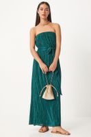 Happiness İstanbul Women's Emerald Green Strapless Belted Pleated Dress