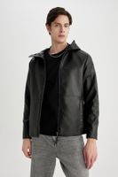 DEFACTO Slim Fit Faux Leather Jacket Coat Slim Cut Hooded Zippered Pocket Seasonal