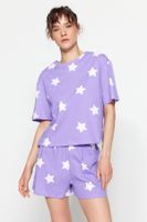 Trendyol Lilac 100% Cotton Star Patterned T-shirt-Shorts Knitted Pajama Set