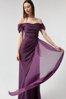 Lafaba Women's Damson Boat Neck Draped Slit Long Silvery Evening Dress
