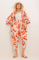 Trend Alaçatı Stili Women's Orange Patterned Shalwar Trousers and Kimono Set